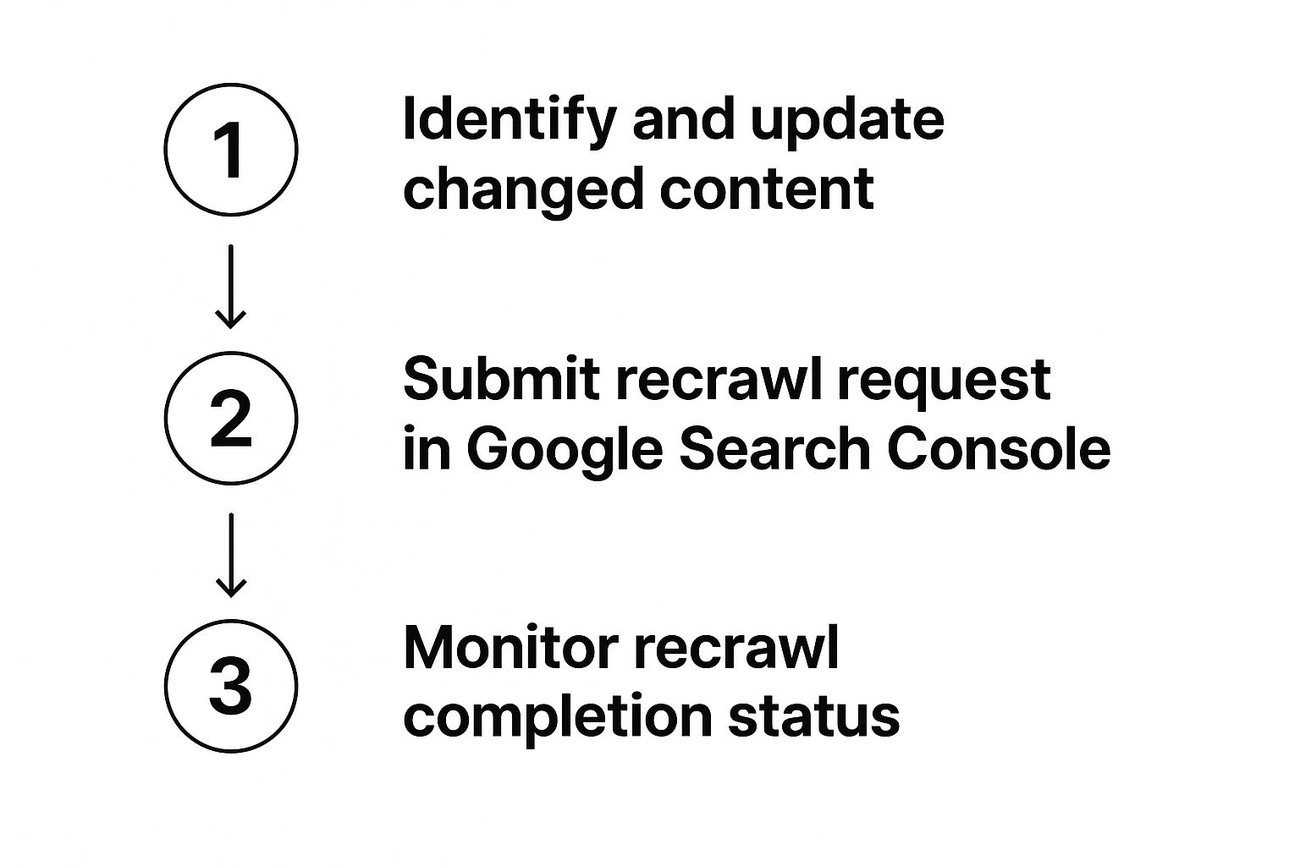 Three-step diagram for identifying content changes, submitting a recrawl request, and monitoring recrawl status
